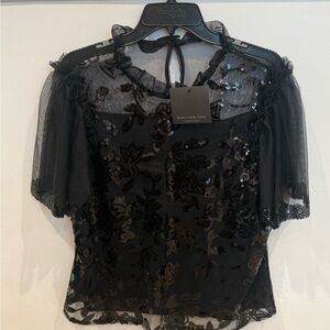 Marc New York Black Ruffled Sheer & Sequin Blouse